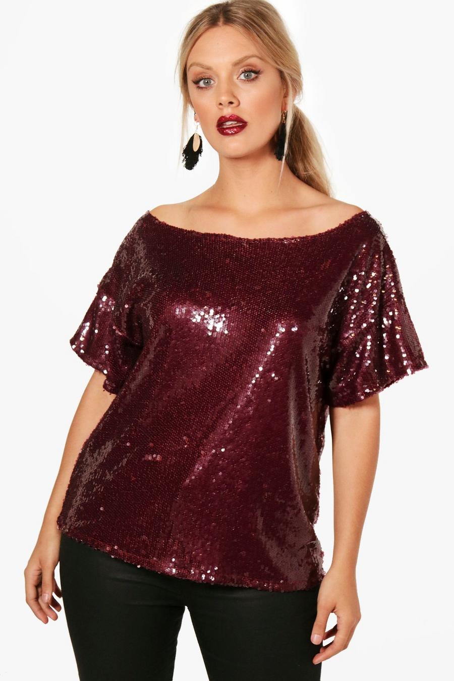 Wine Plus Slash Sequin Neck Oversized Sequin Top image number 1