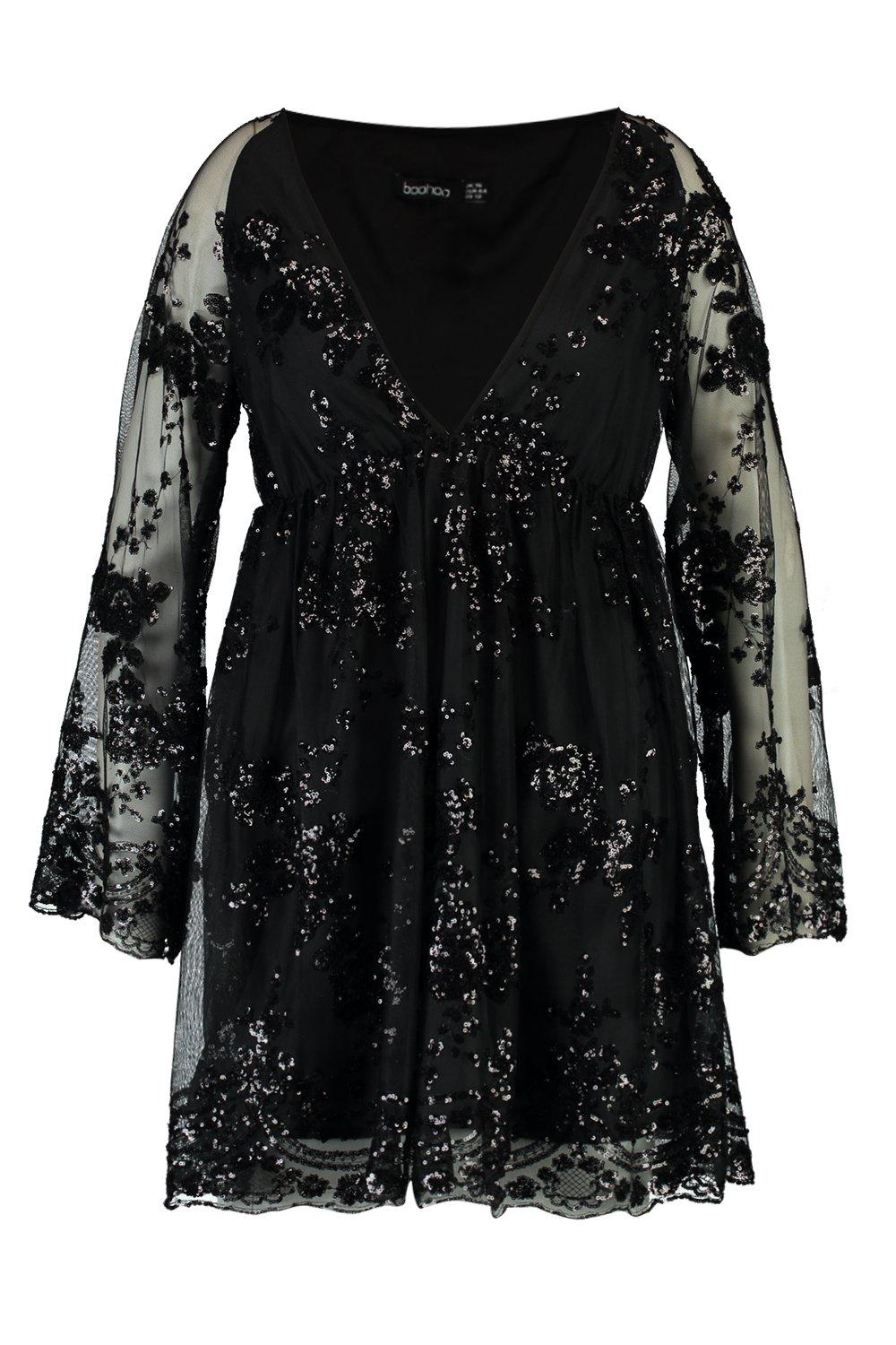 Plus Floral Sequin Wrap Skater Dress