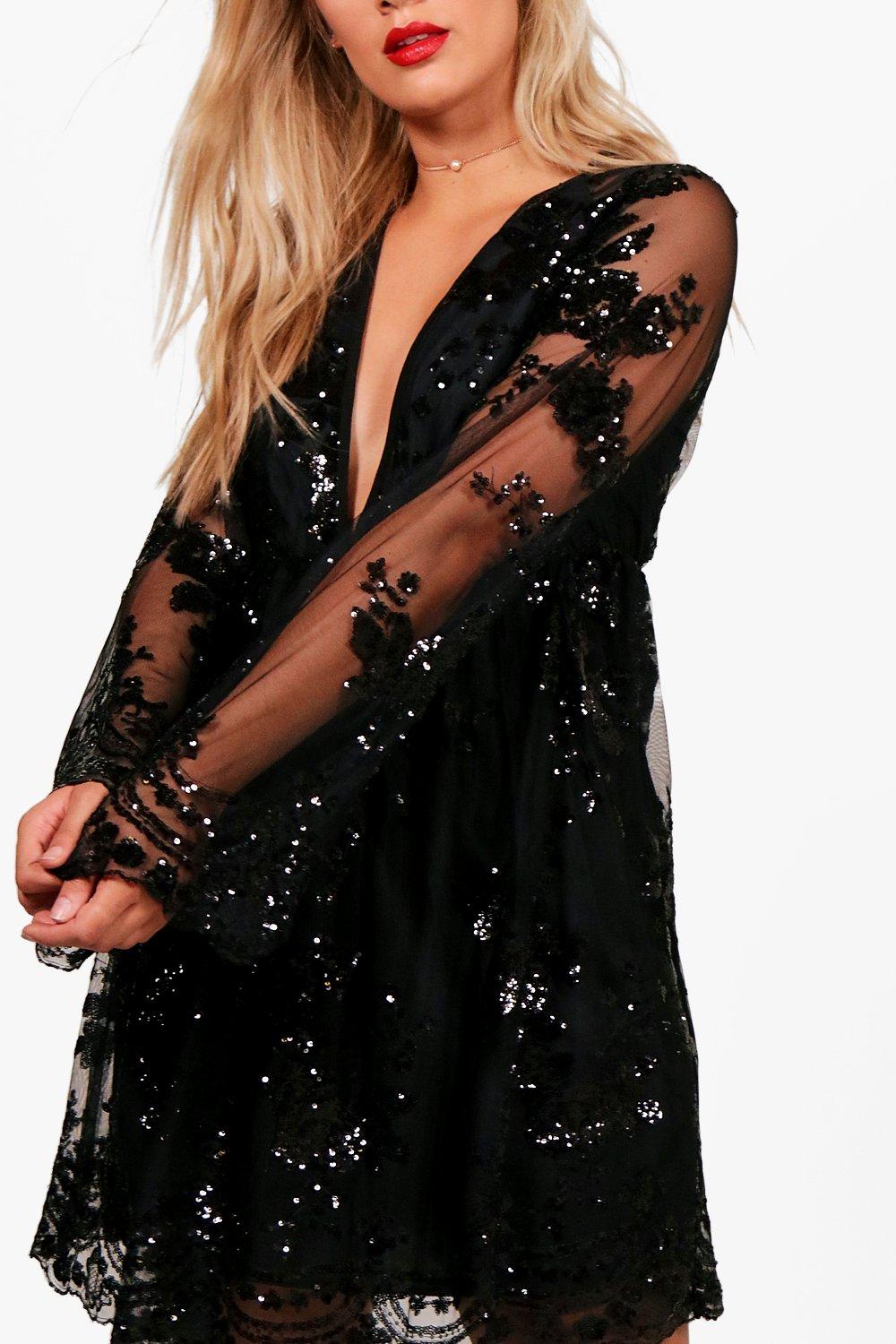 plus sequin wrap skater dress