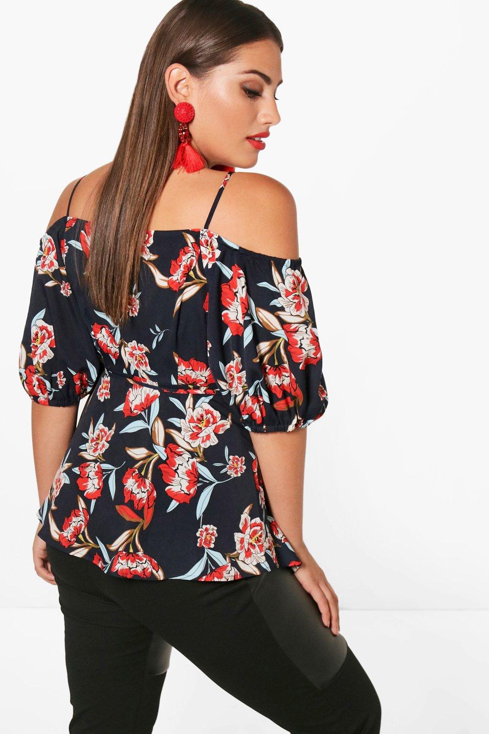 Women's Plus Floral Open Shoulder Top