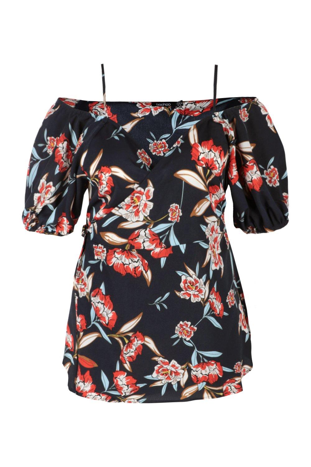 Plus Size Black Floral Strappy Cold Shoulder Top