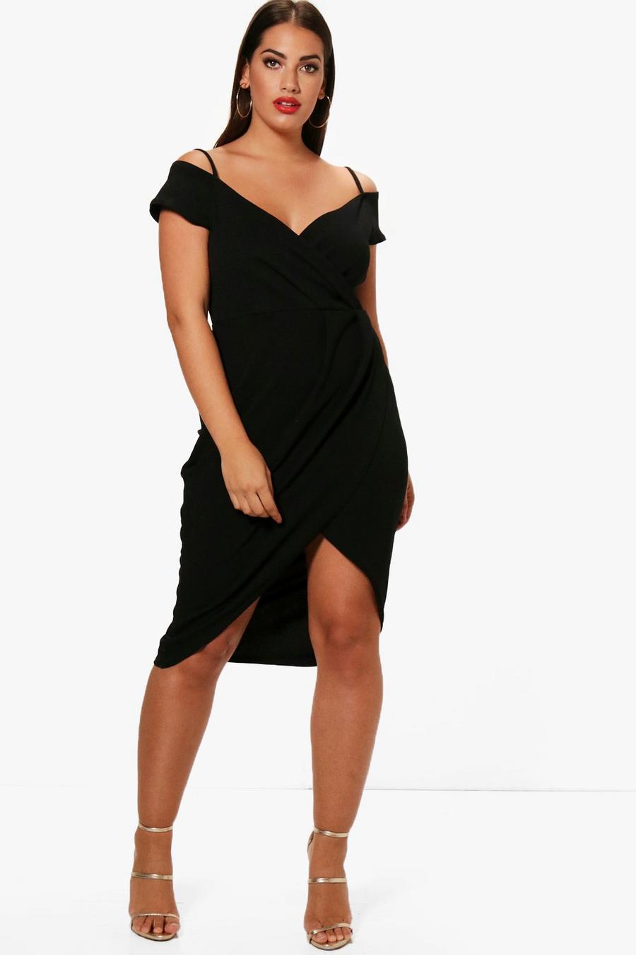 Plus Bodycon-Kleid mit ausgeschnittener Schulter in Wickeldesign, Schwarz image number 1