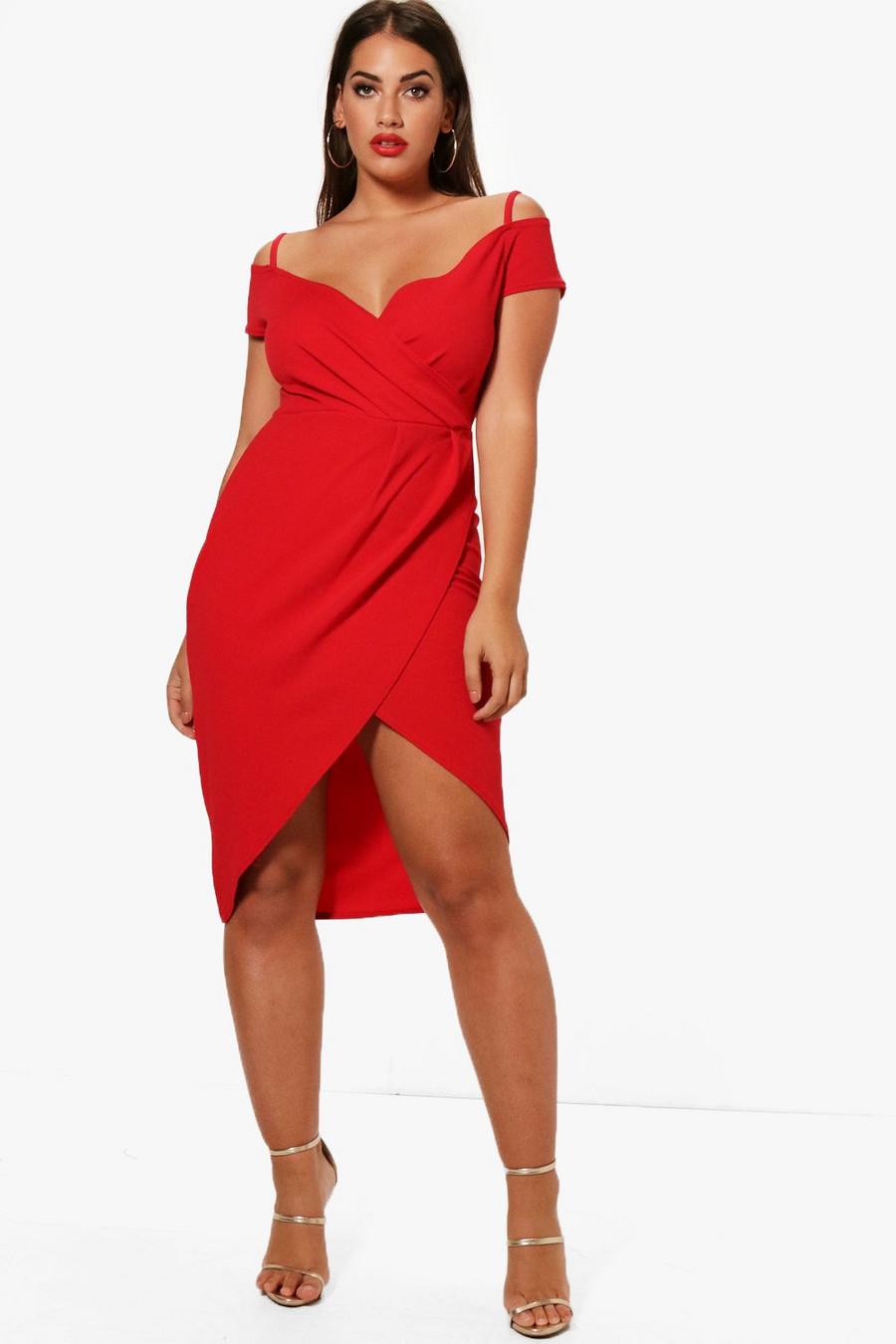 Plus Bodycon-Kleid mit ausgeschnittener Schulter in Wickeldesign, Rot image number 1
