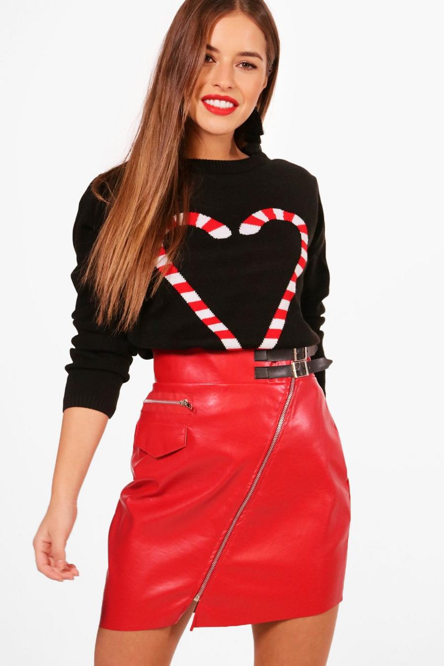 Black Petite Candy Cane Heart Christmas Sweater