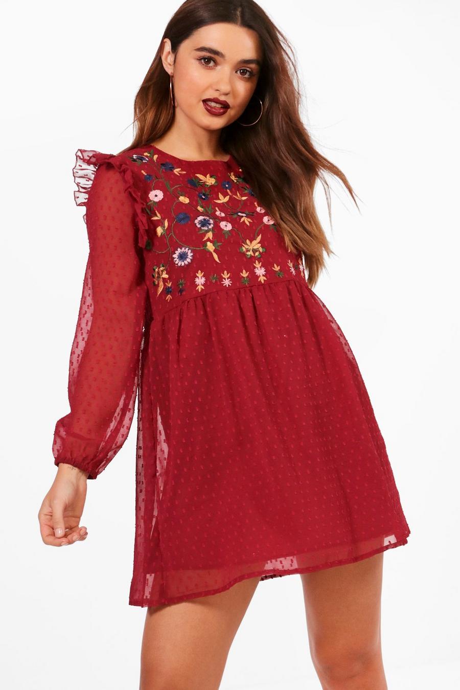 Petite Embroidered Dobby Long Sleeve Dress, Berry rosso image number 1