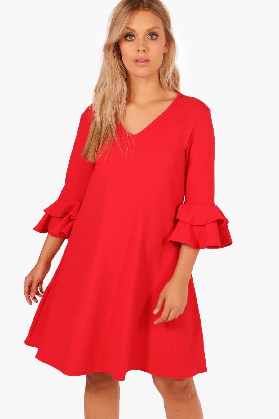 Red Plus - Skiftklänning i crepe med volangärm image number 1