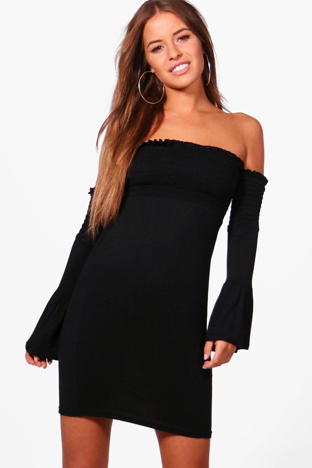 boohoo black off the shoulder dress