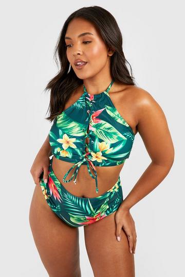 Plus Hawaiian Print Lace Up High Waisted Bikini multi