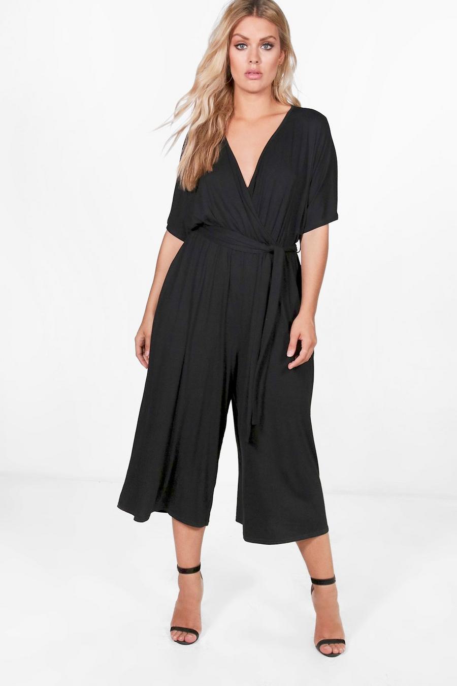 Plus Wickel-Jumpsuit aus Jersey mit Kimono-Ärmeln, Schwarz