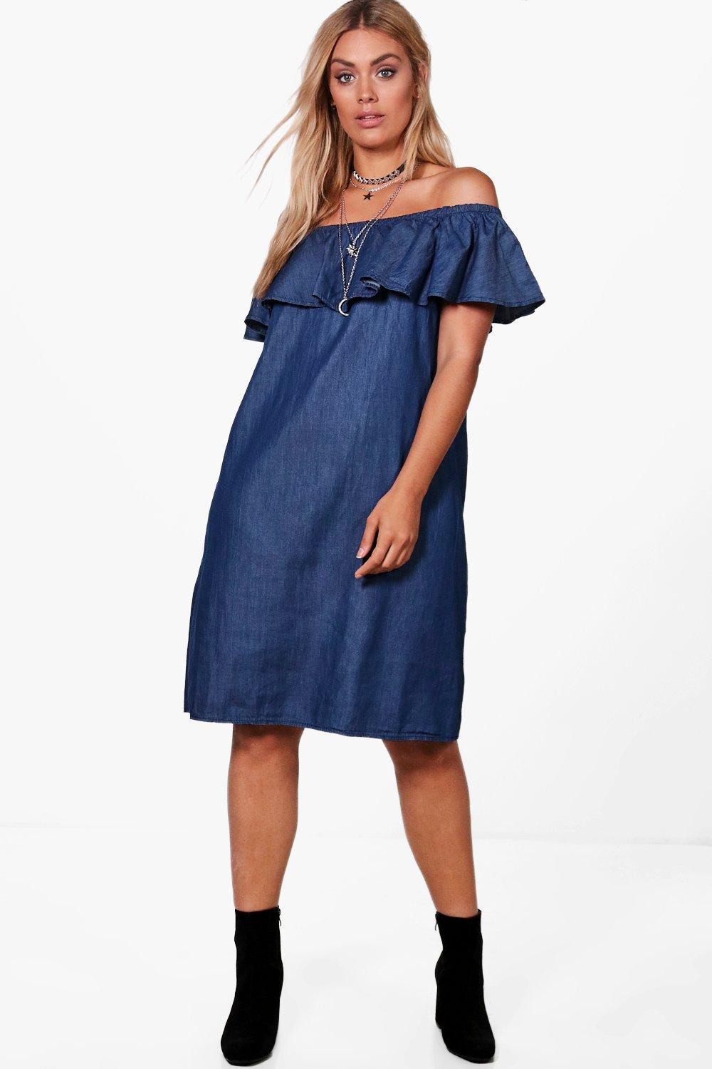 boohoo off shoulder denim dress