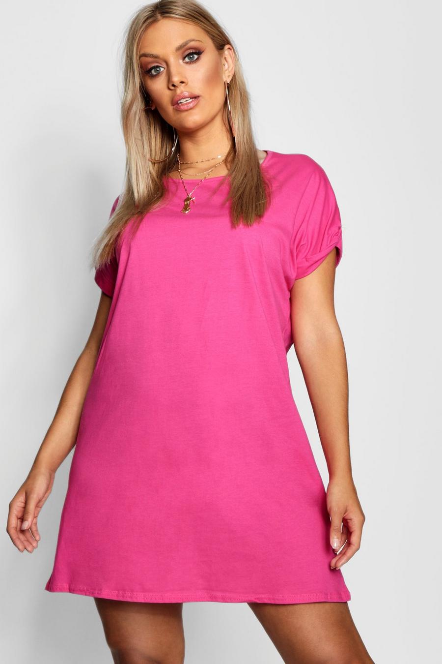 Hot pink Plus - T-shirtklänning i oversize-modell med uppvikt ärm image number 1