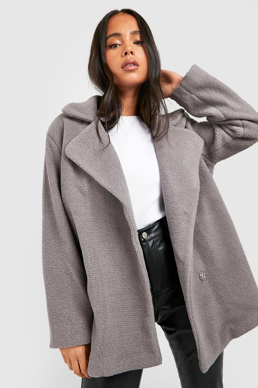 Grey Petite Double Breasted Teddy Coat