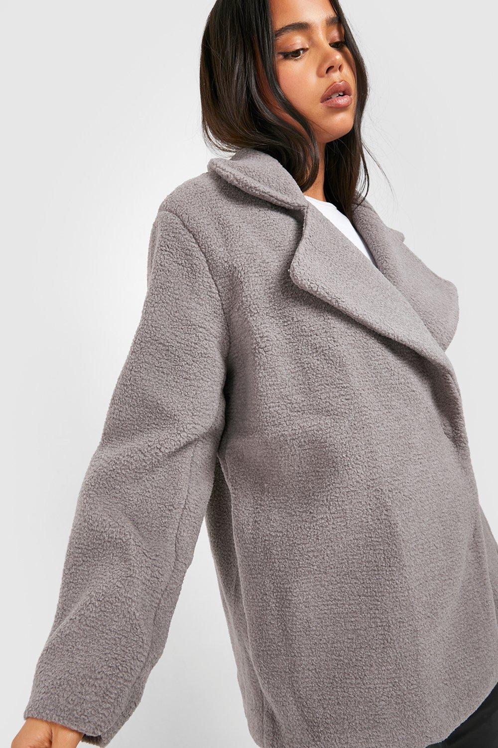 Boohoo Women s Petite Double Breasted Teddy Coat Grey