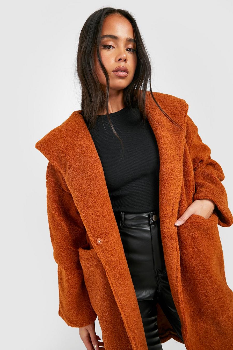 Camel beis Petite Oversized Hooded Teddy Coat image number 1