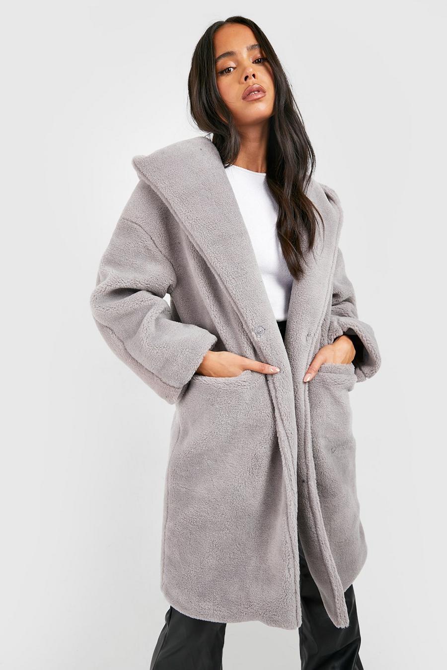 Petite - Manteau oversize en faux mouton à capuche, Grey