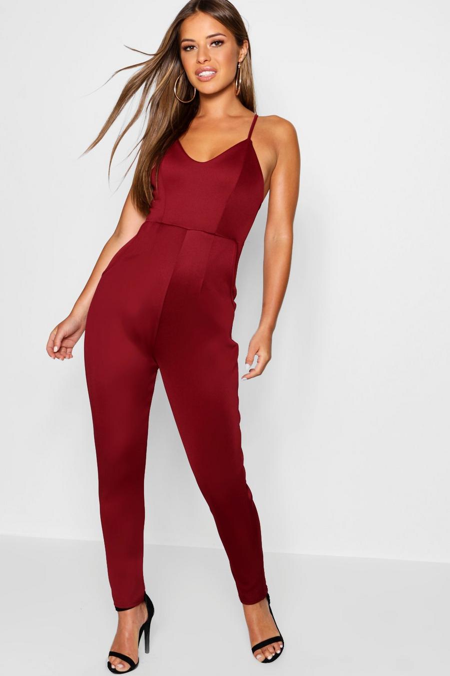 Wine Petite Strappy Cigarette Trouser Jumpsuit image number 1