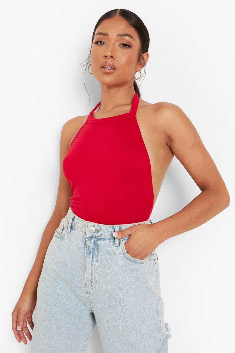 Red Petite High Neck Backless Bodysuit image number 1