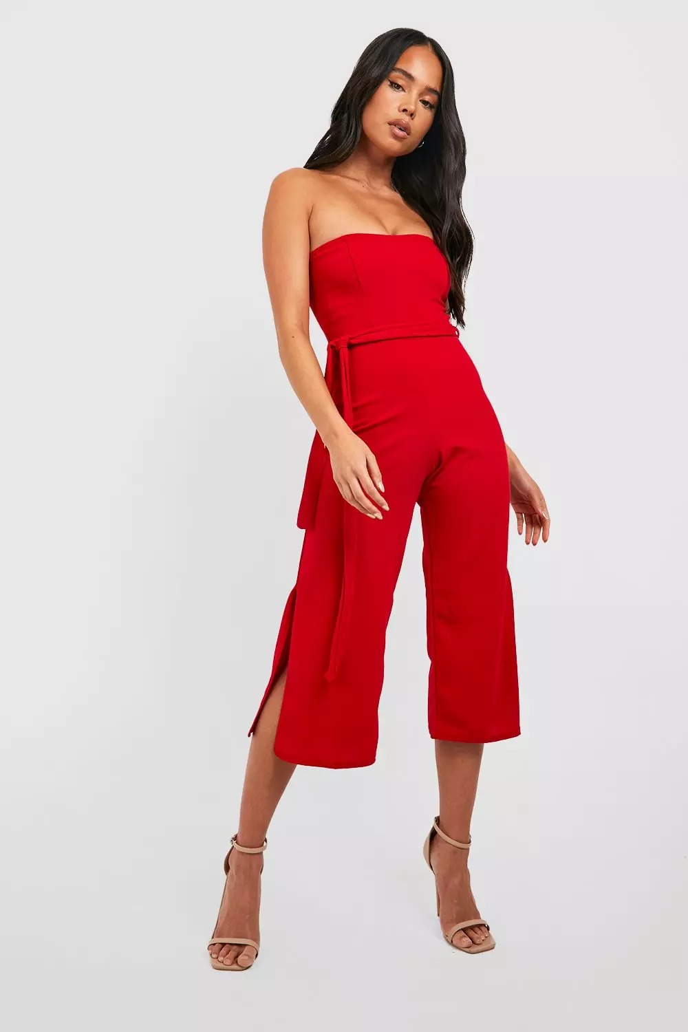 Red tie waist store jumpsuit