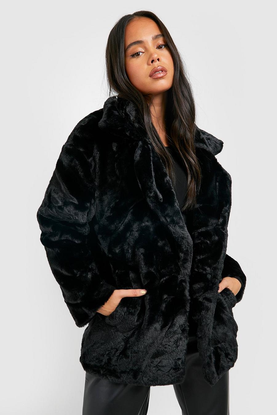 Manteau à col surdimensionné de Luxe en fausse fourrure Petite, Noir