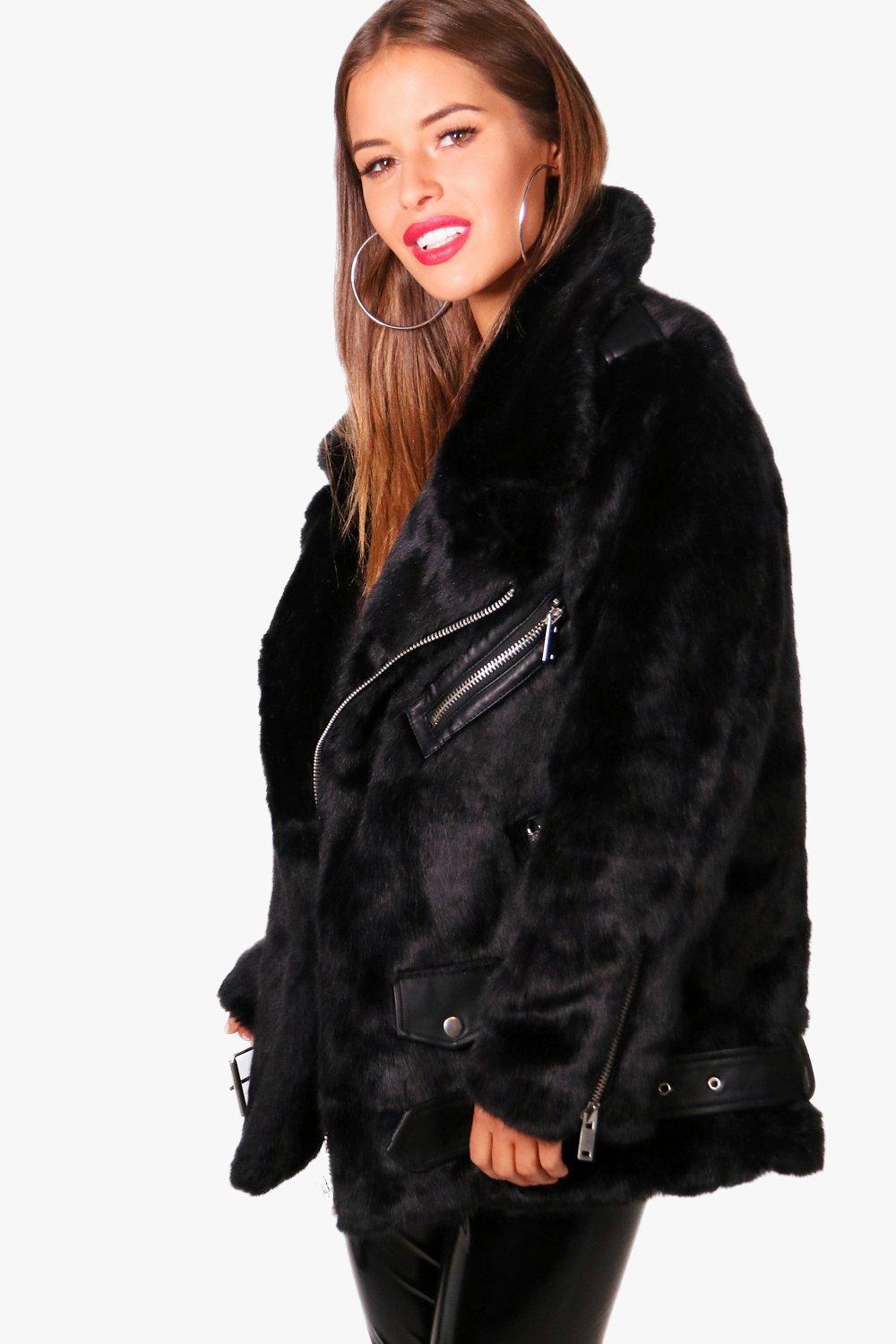 petite black faux fur aviator jacket