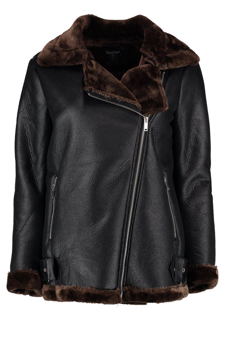 Petite Beth Faux Fur Lined Luxe Aviator Coat