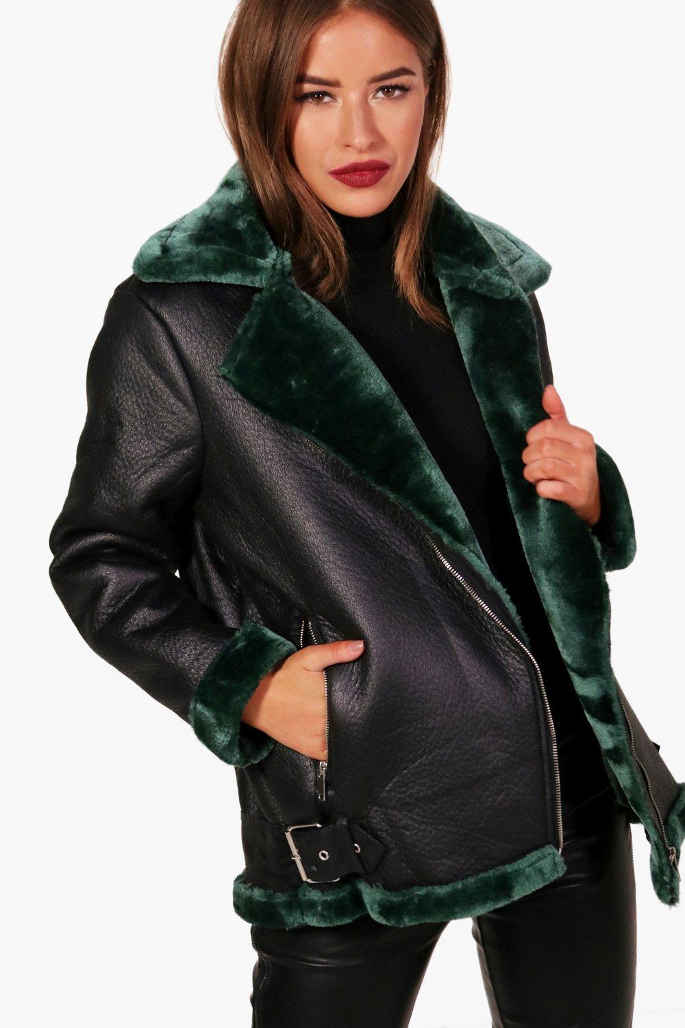 Petite Georgina Faux Fur Lined Luxe Aviator Coat