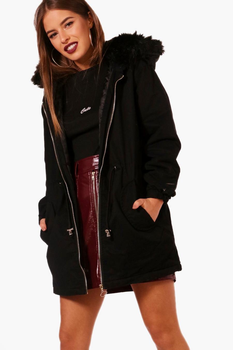 Black Petite Faux Fur Hood Parka Coat