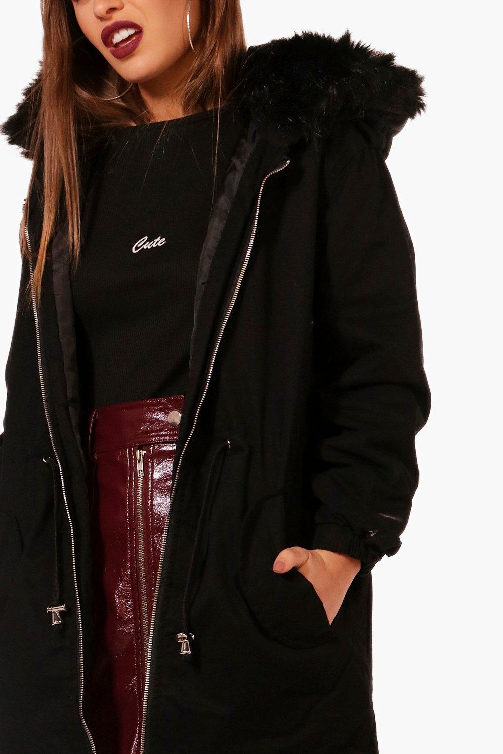 Black coat with fur hood online boohoo