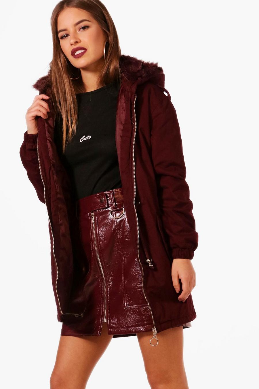 Burgundy Petite Faux Fur Hood Parka Coat image number 1