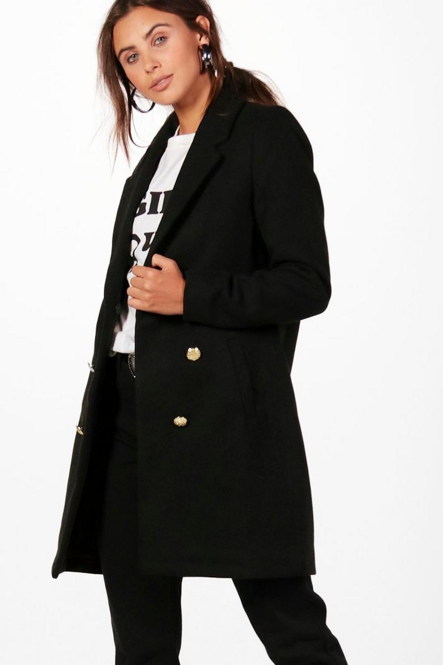 Black Petite Double Breasted Military Duster Coat image number 1