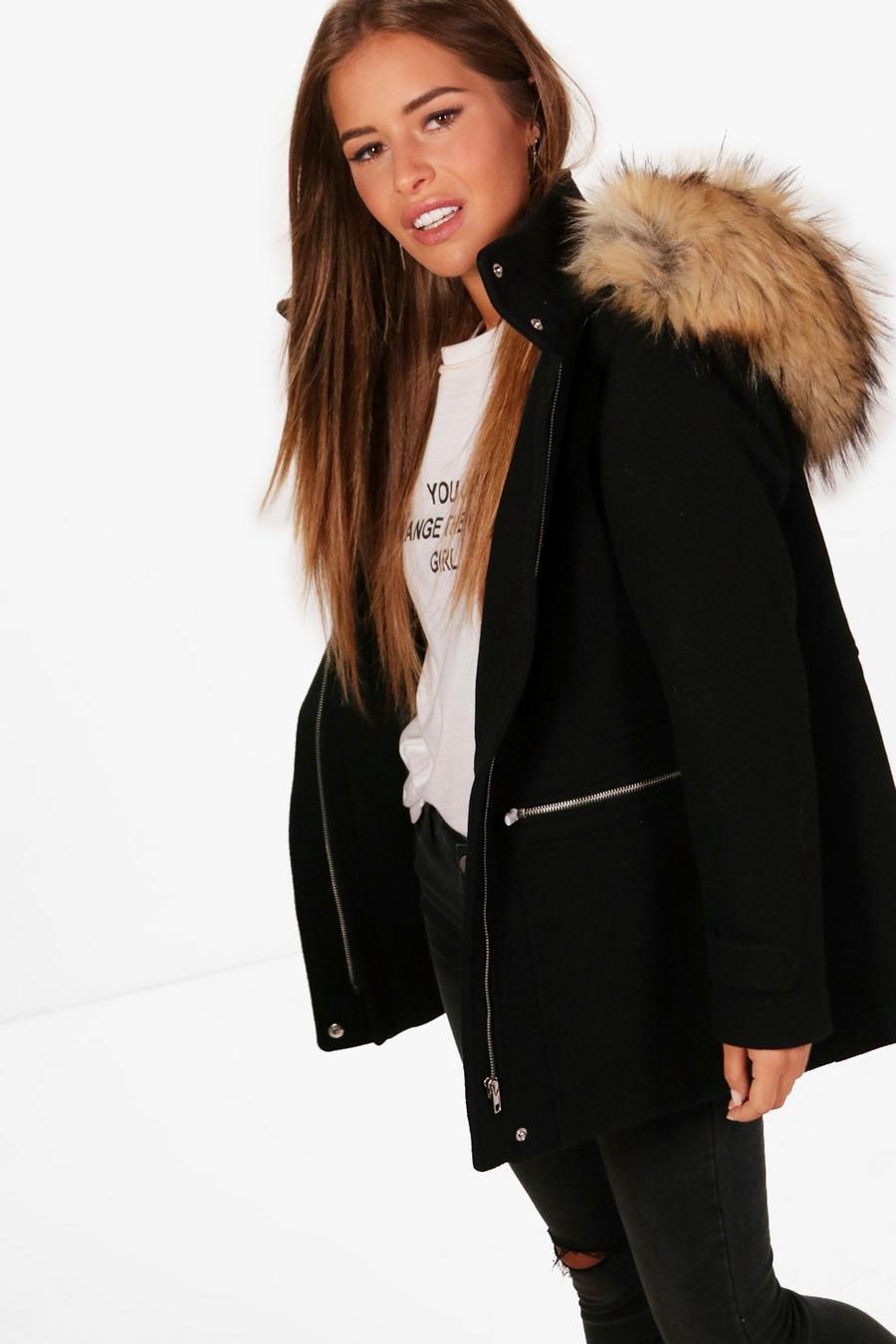 Black Petite Wool Fitted Parka Coat