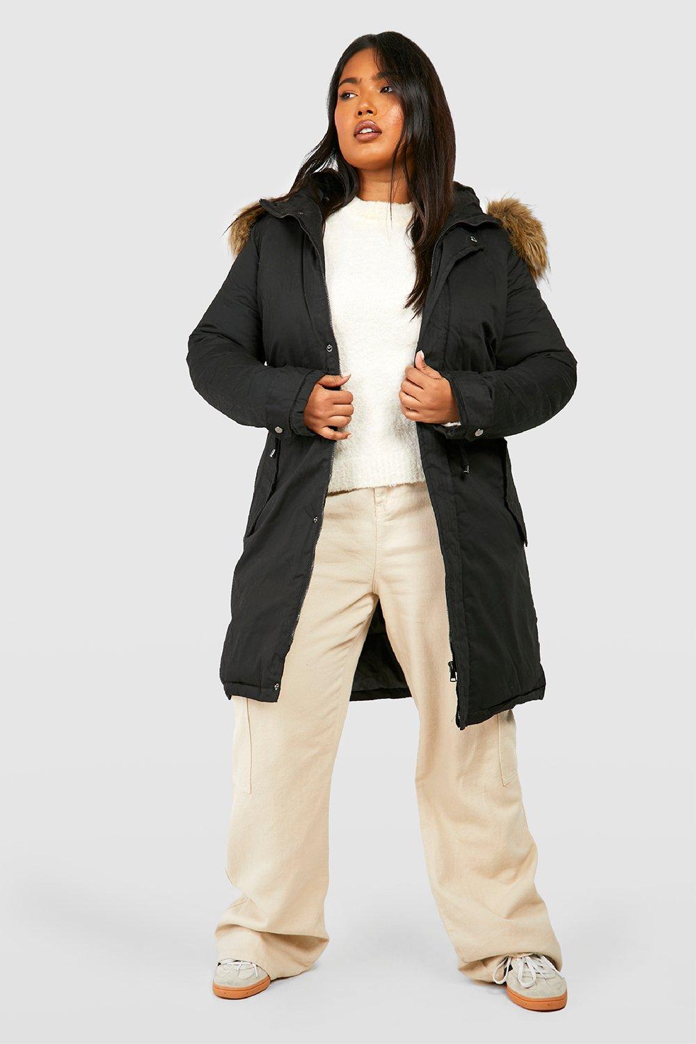 Boohoo black coat on sale with fur hood