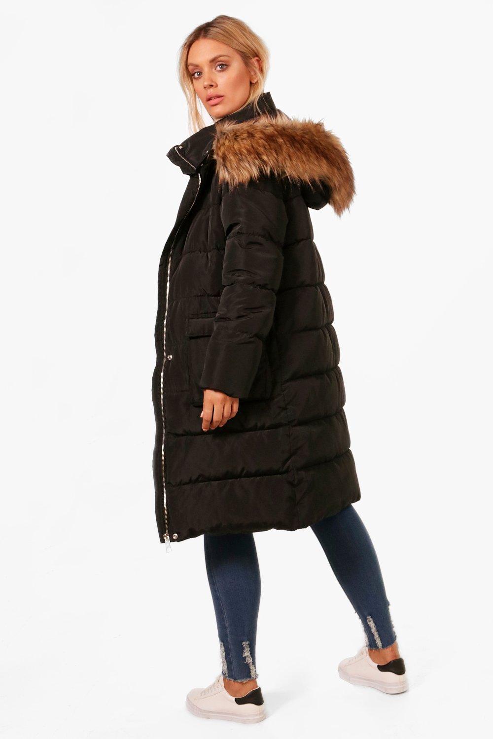 black faux fur trim hooded longline padded coat