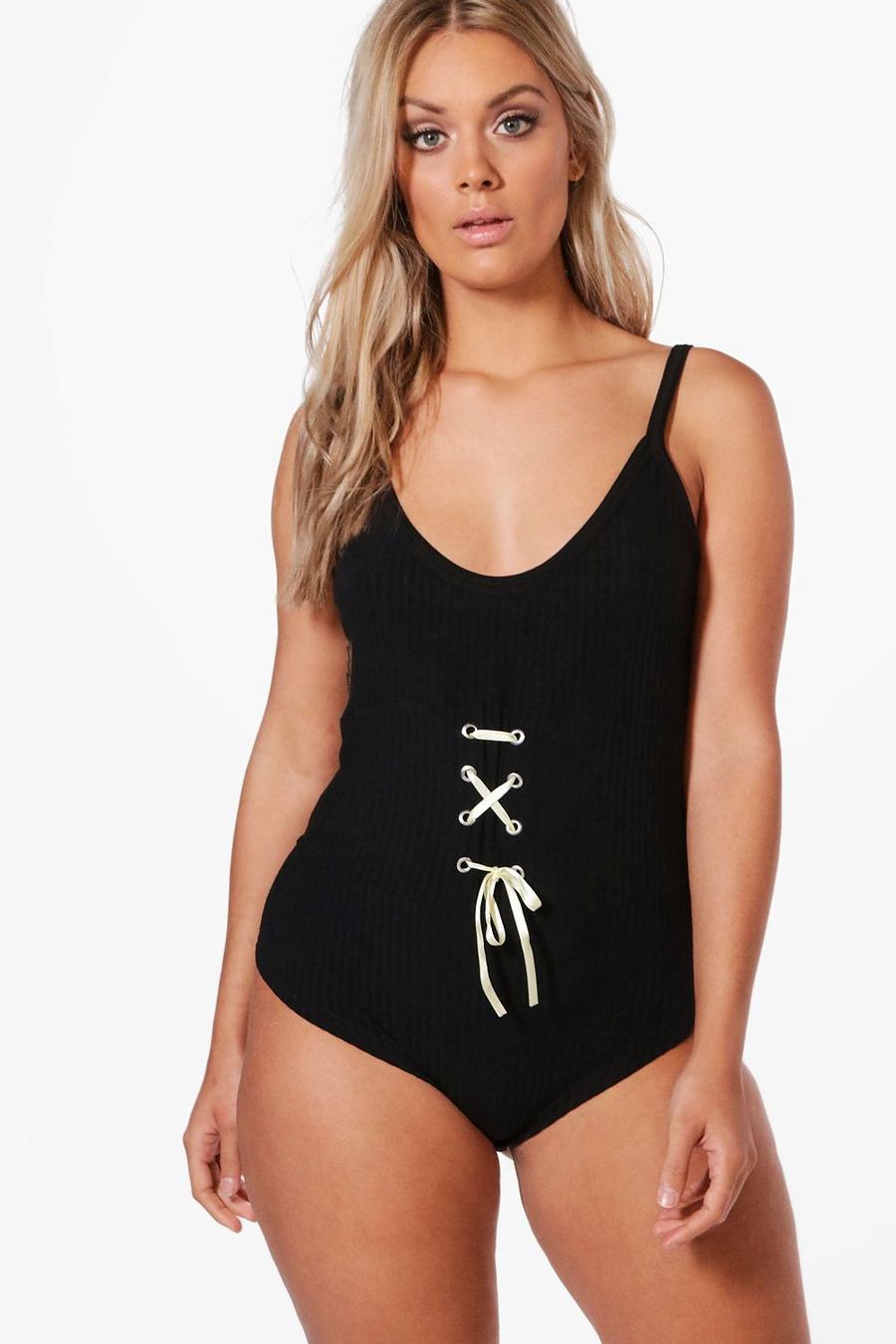 Black Plus Rachel Ribbed Lace Up Detail Bodysuit image number 1