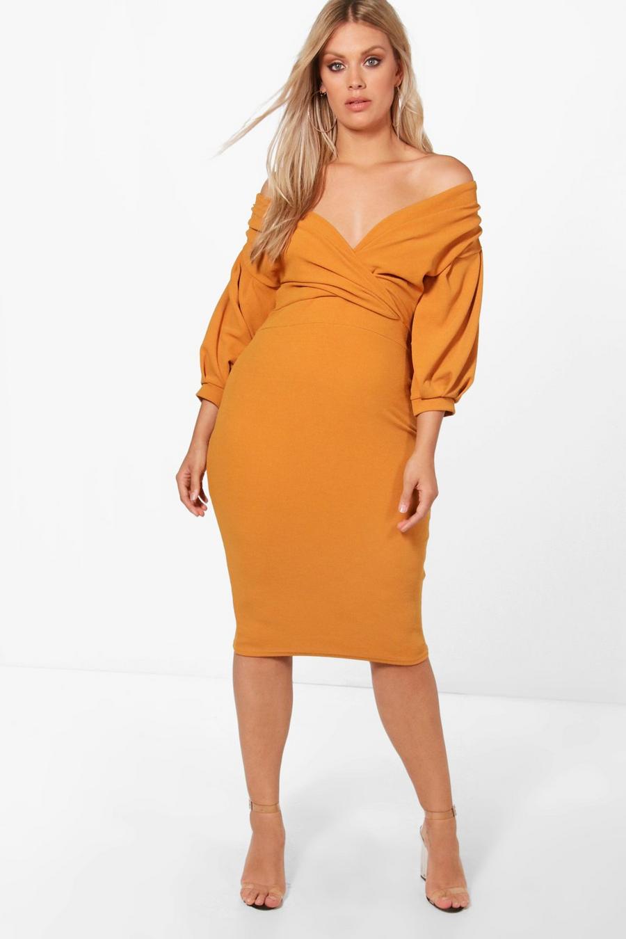 Amber orange Plus Off The Shoulder Wrap Midi Dress