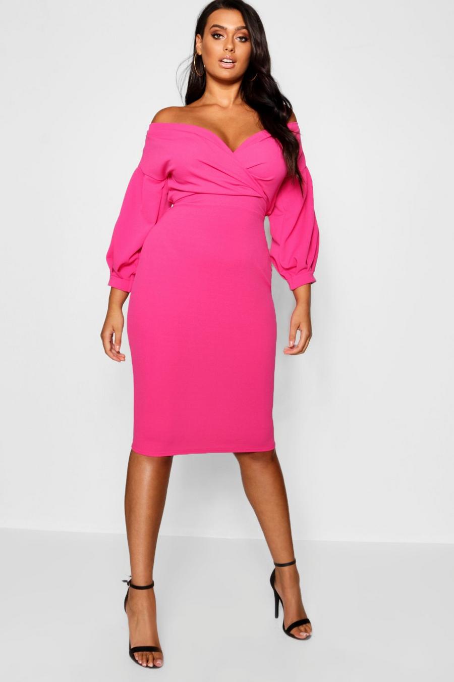 Hot pink Plus Knälång off shoulder-klänning i omlottmodell image number 1