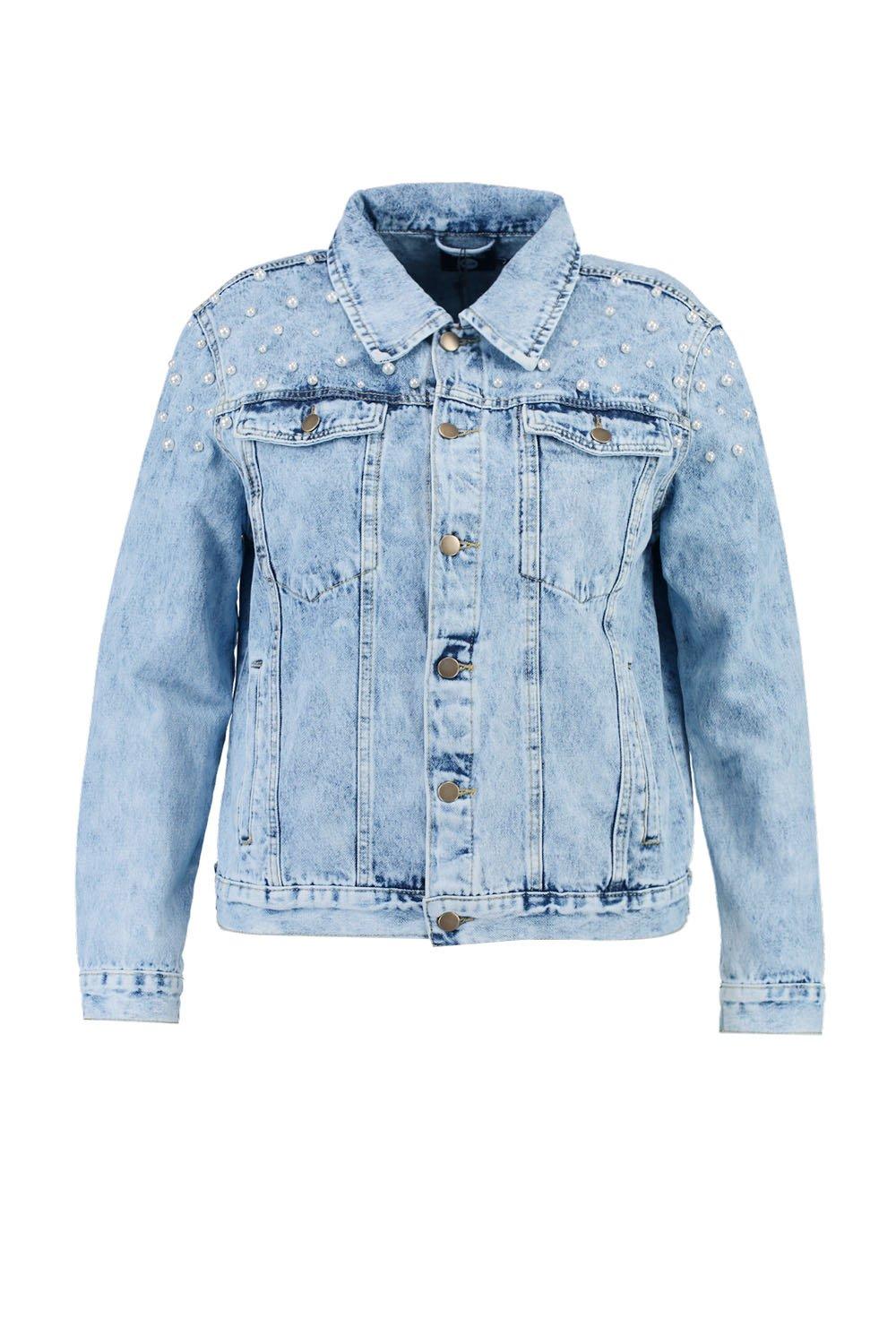 Plus size denim jacket with pearls best sale