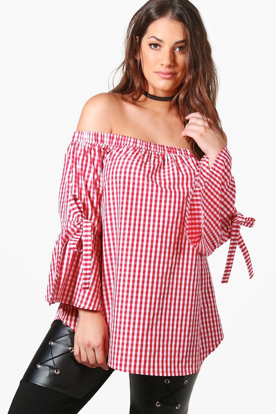 Plus Fiona Off The Shoulder Gingham Tie Sleeve Top image number 1