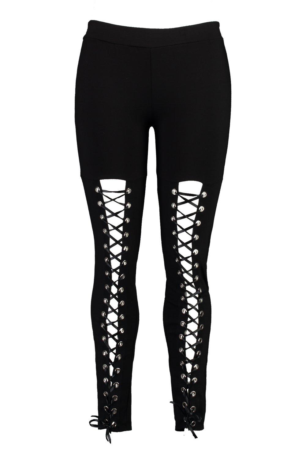 Black Back Lace-Up Leggings athletic poly spandex plus size corset pants  gothic