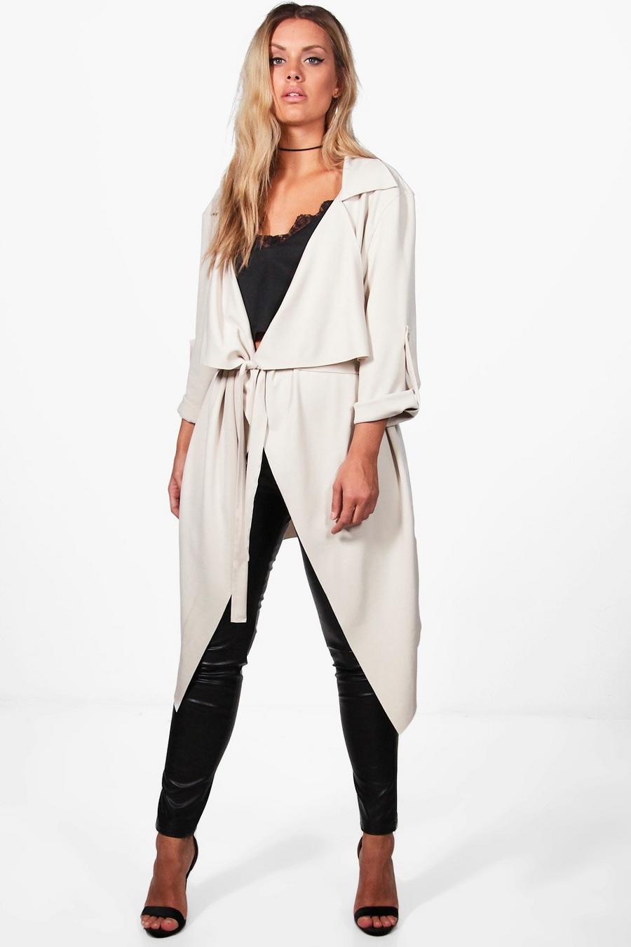 Stone beige Plus Daisy Belted Waterfall Duster Coat image number 1
