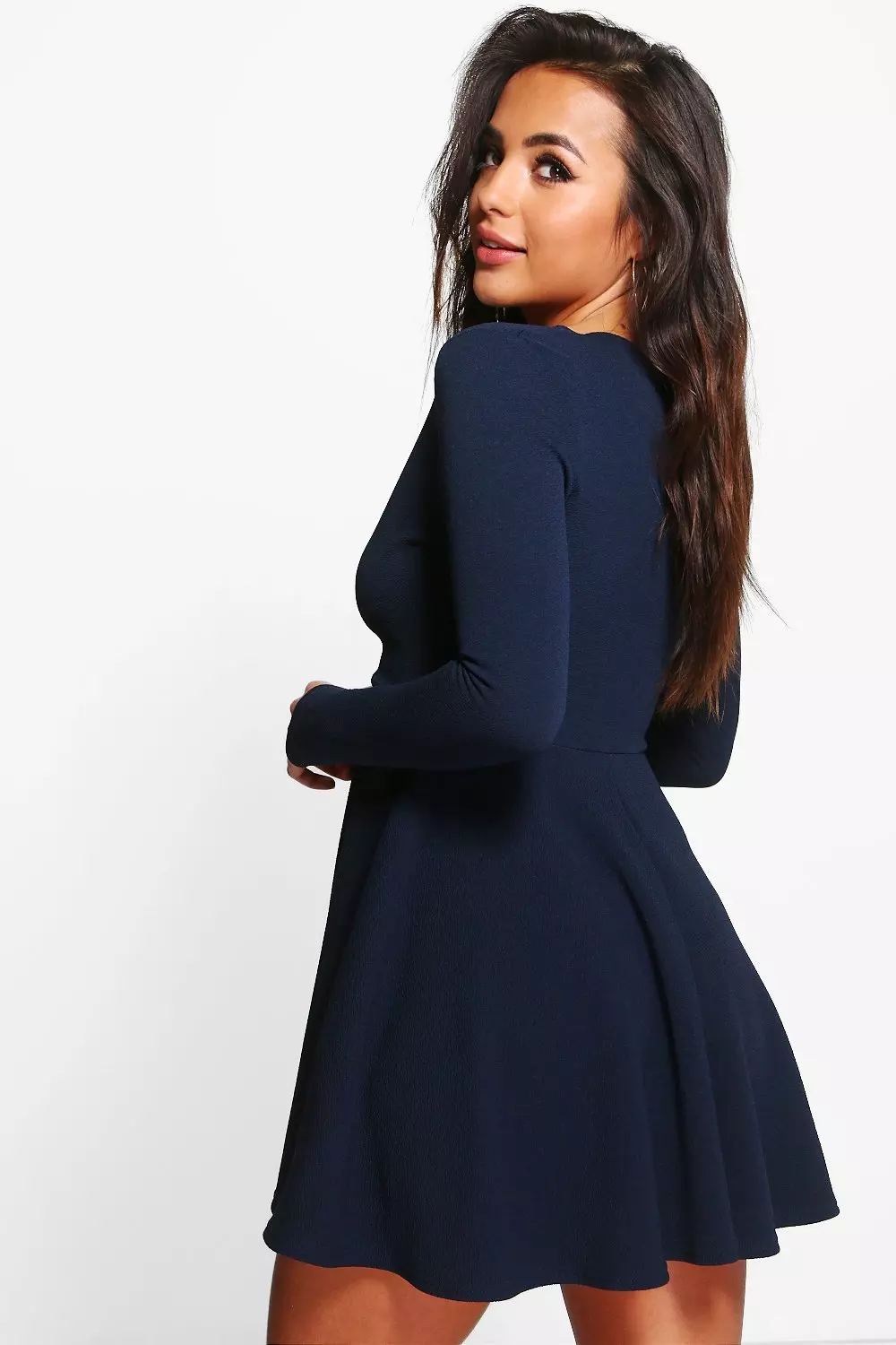 Navy blue long hot sale sleeve skater dress