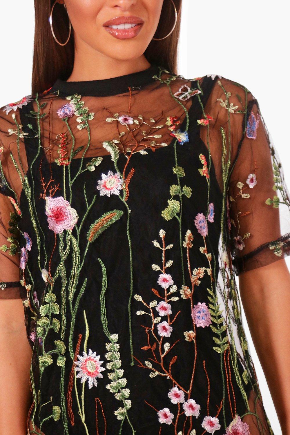 Embroidered mesh store t shirt dress