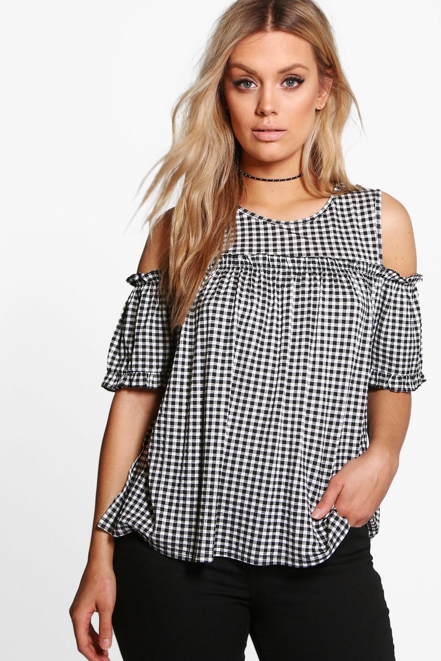 Plus Gingham Cold Shoulder Ruffle Top image number 1