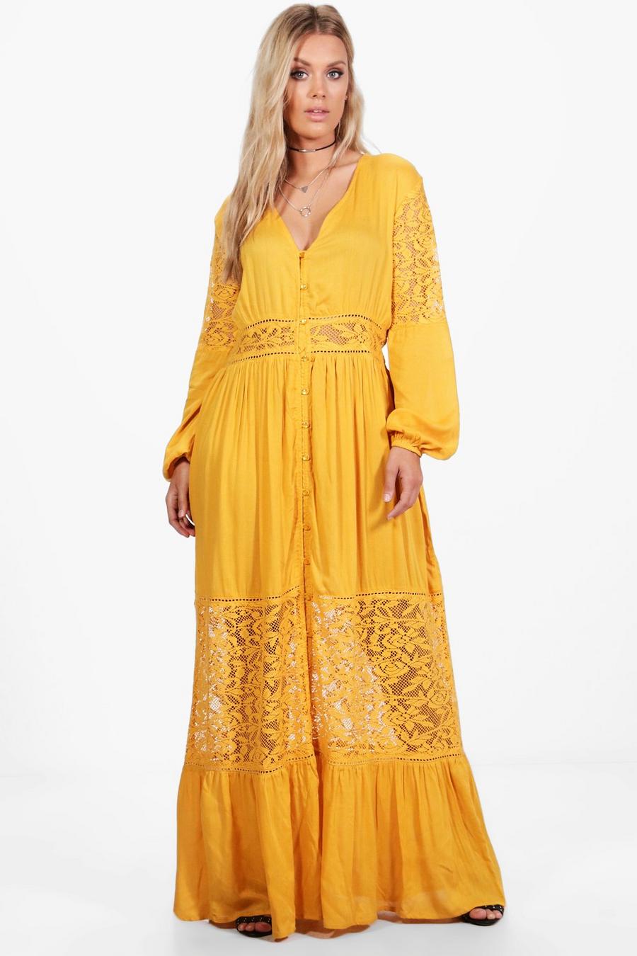 אוֹכְרָה giallo שמלת מקסי בוהו בתוספת תחרה למידות גדולות