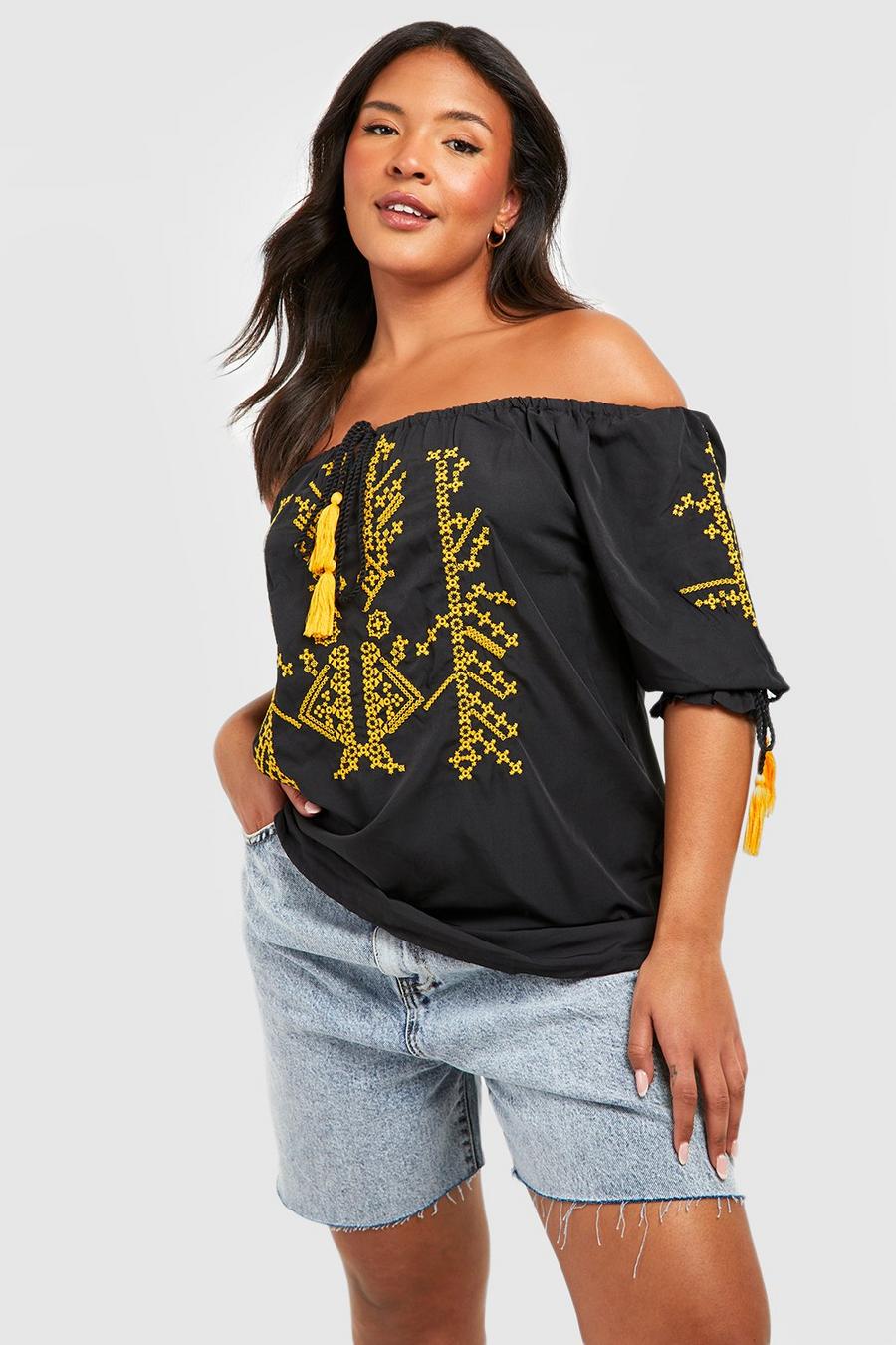 Black Plus Off The Shoulder Embroidered Top