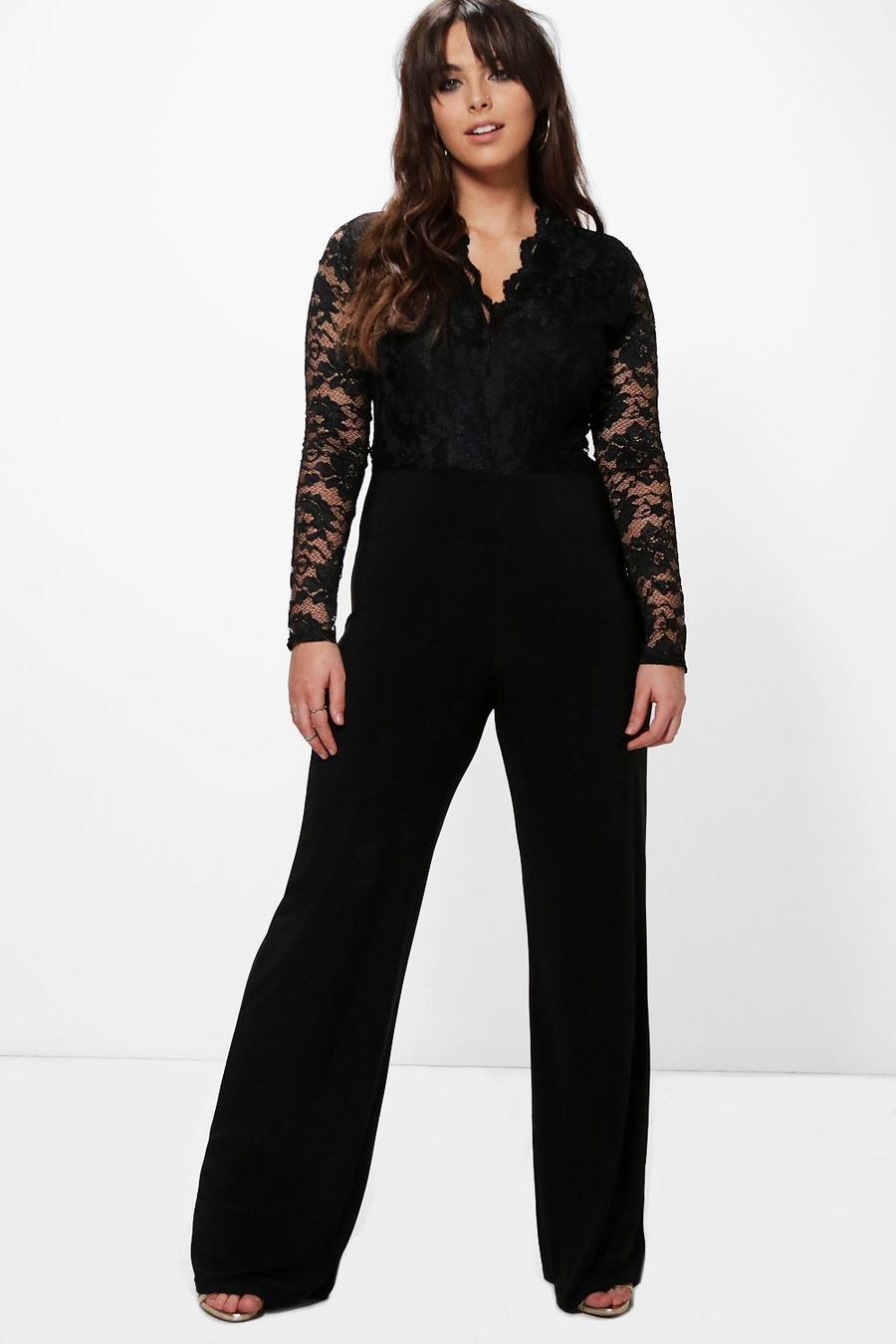 Black Plus Long Sleeve Lace Top Slinky Jumpsuit image number 1