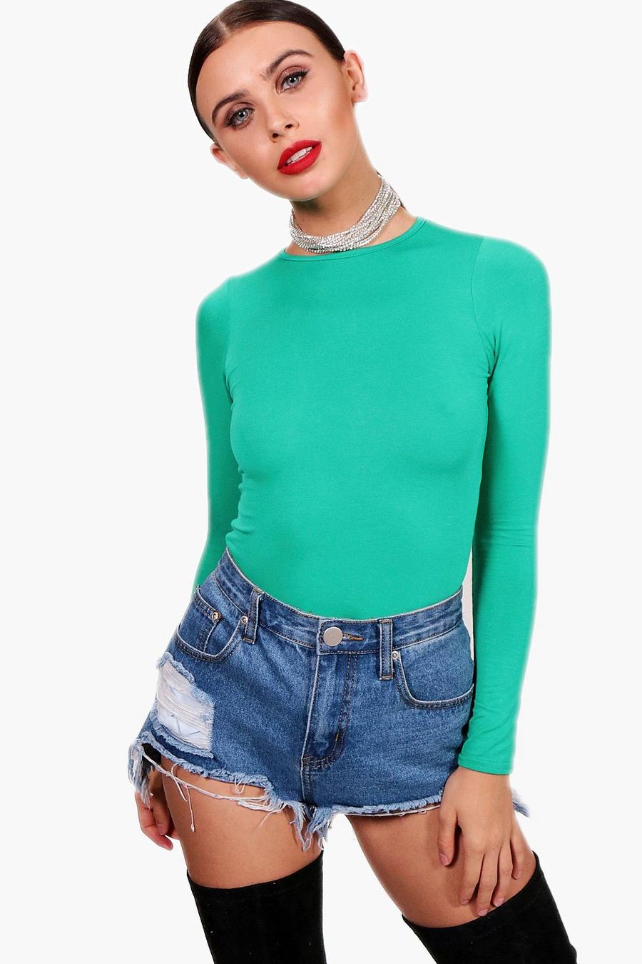 Green Petite Basic Long Sleeve Bodysuit image number 1