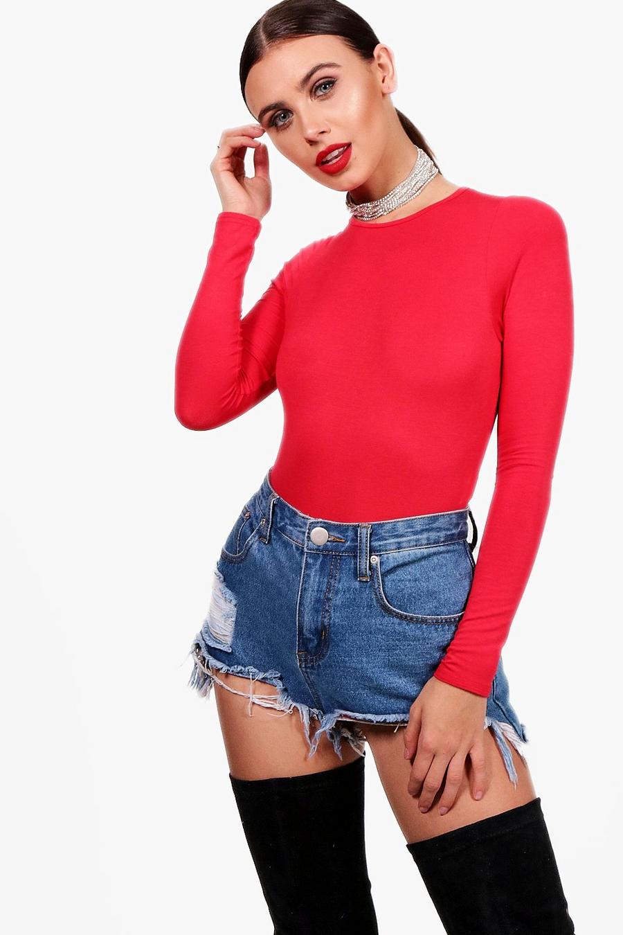 Red Petite Basic Long Sleeve Bodysuit image number 1