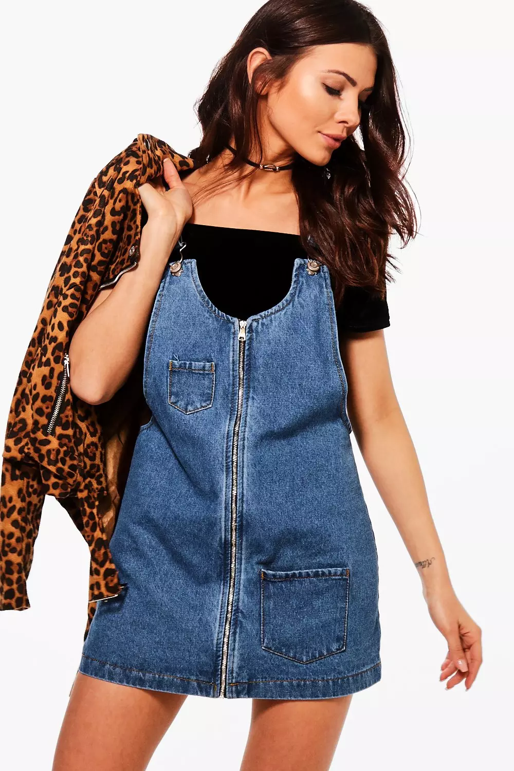 Petite store denim pinafore