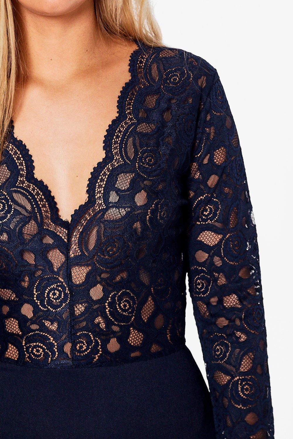 Navy Plus Plunge V Neck Lace Bodysuit